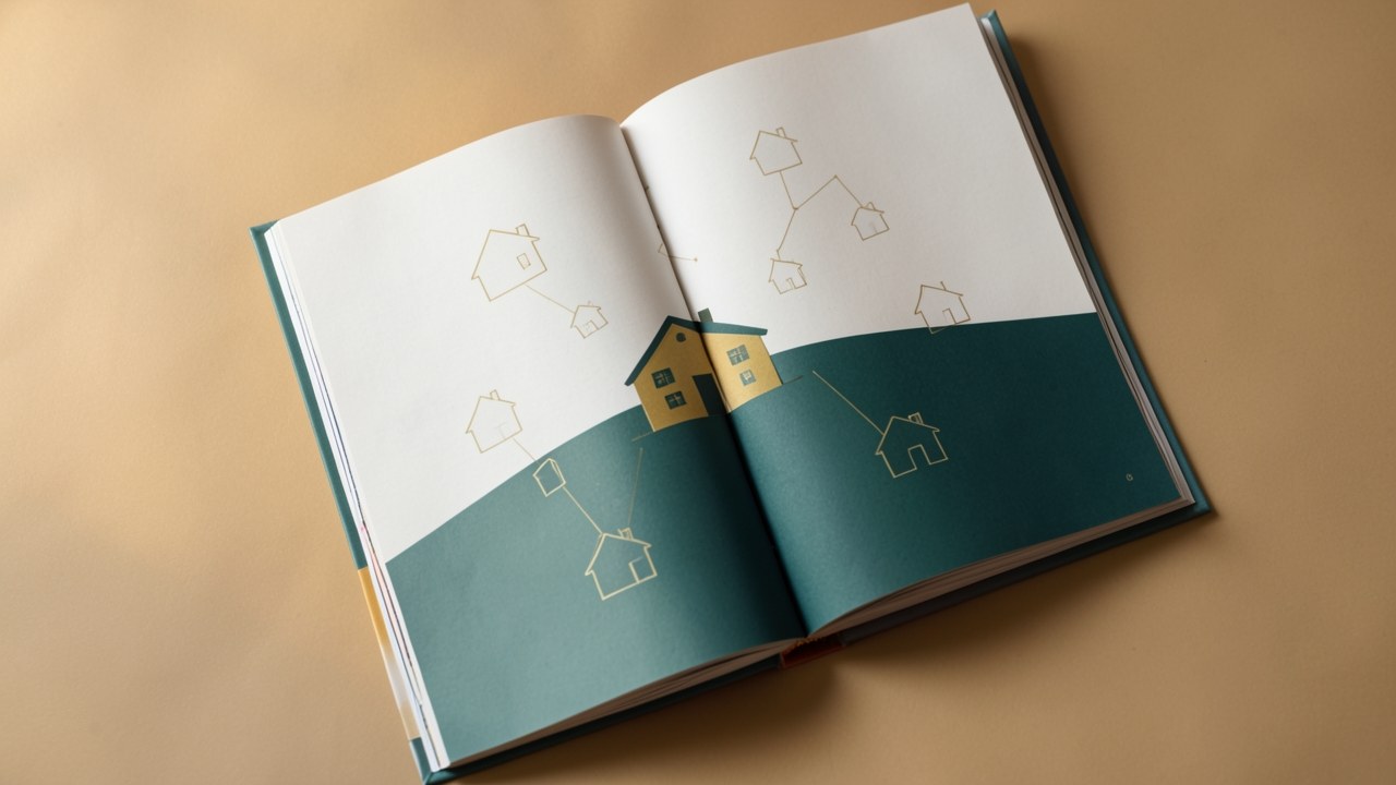 Open book with a simple house illustration, small home icons around, on a warm beige surface