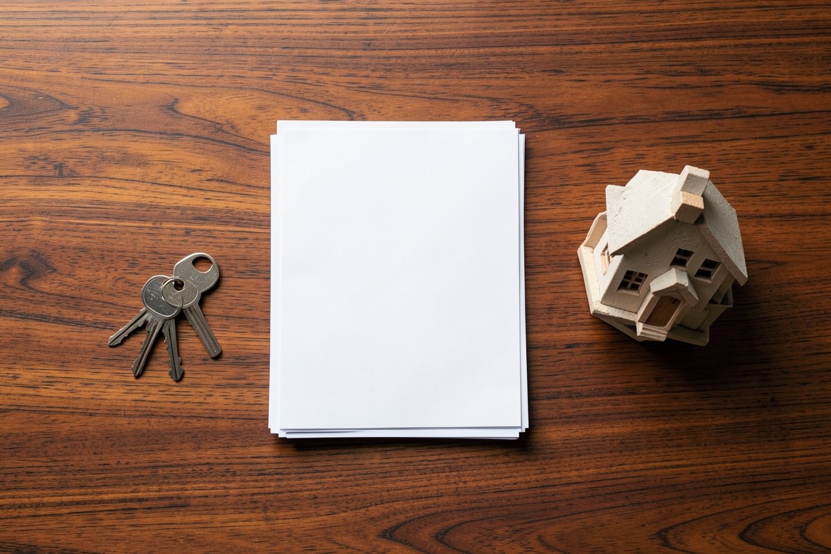 Stack of documents, keys, and a small house model on a wooden desk