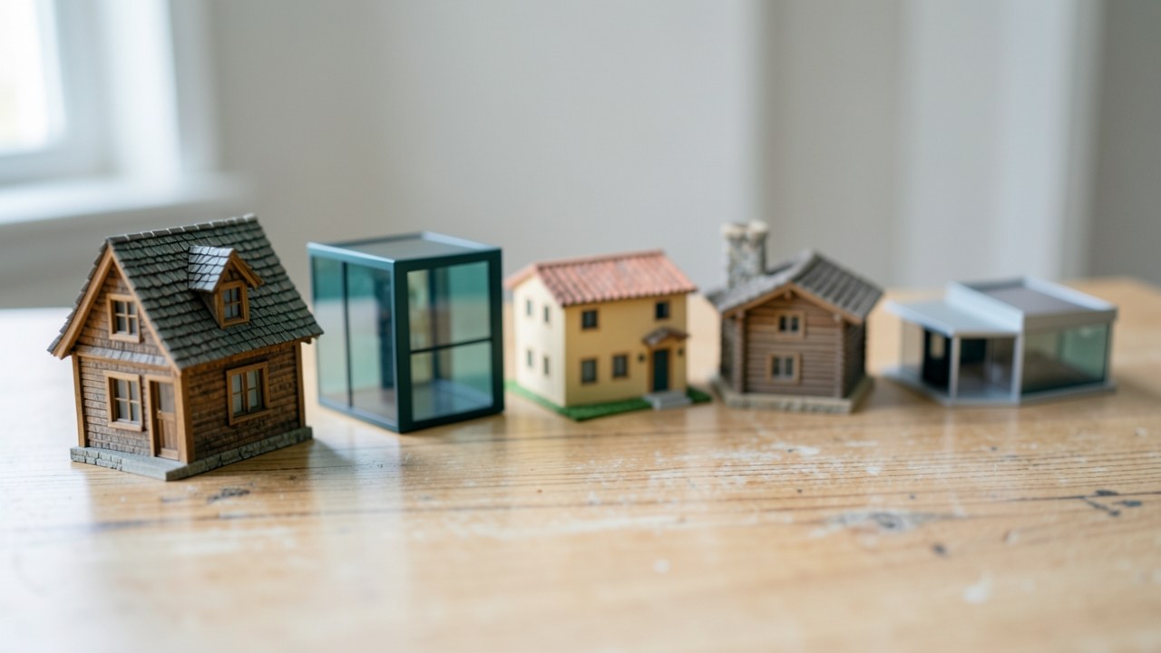 Five different house shapes on a table, each with a distinct roof design