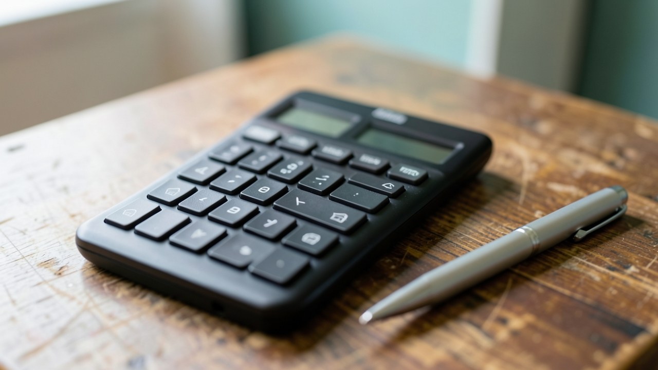 Close-up of a calculator with small house icons on buttons and a pen beside it