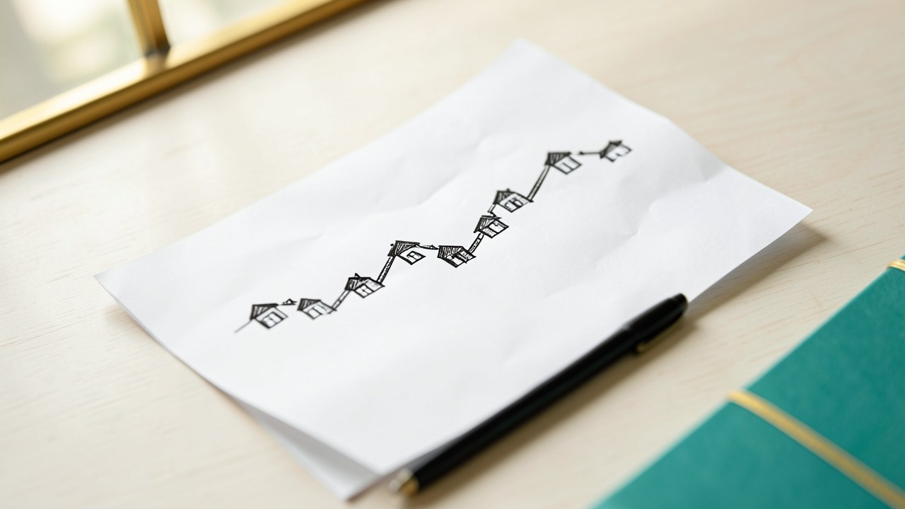 A upward trending line chart drawn on paper with a pen, small house icons as data points