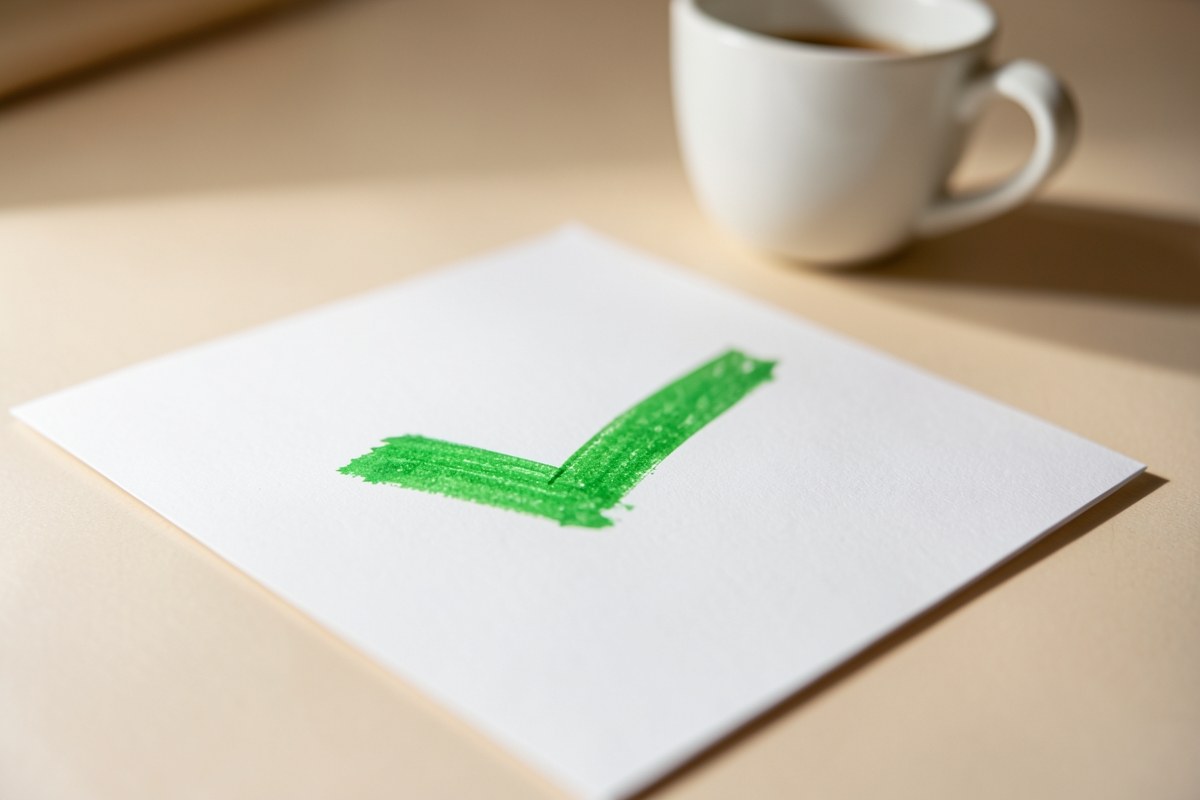 A checkmark drawn on a document with a coffee cup nearby