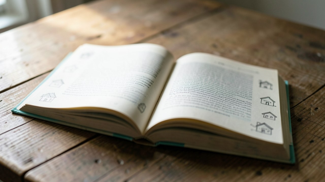 A dictionary open with small house icons and definitions in the margins