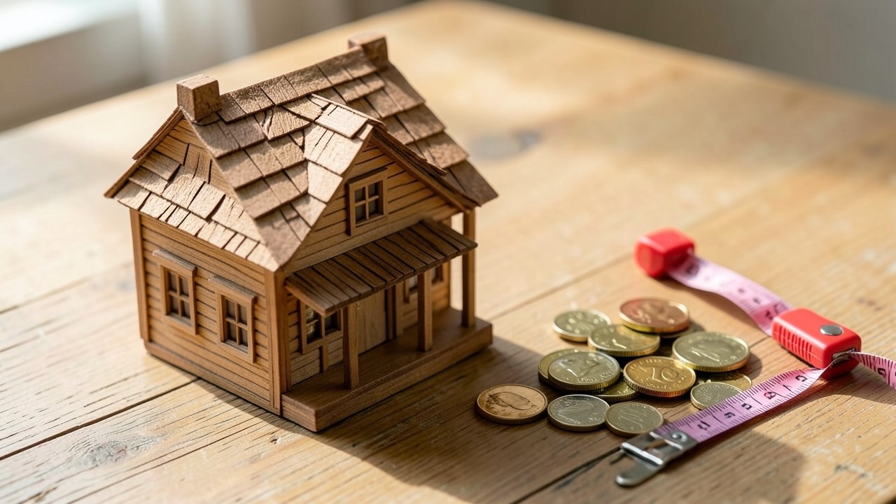 A small house model on a wooden table with a pile of coins and a measuring tape