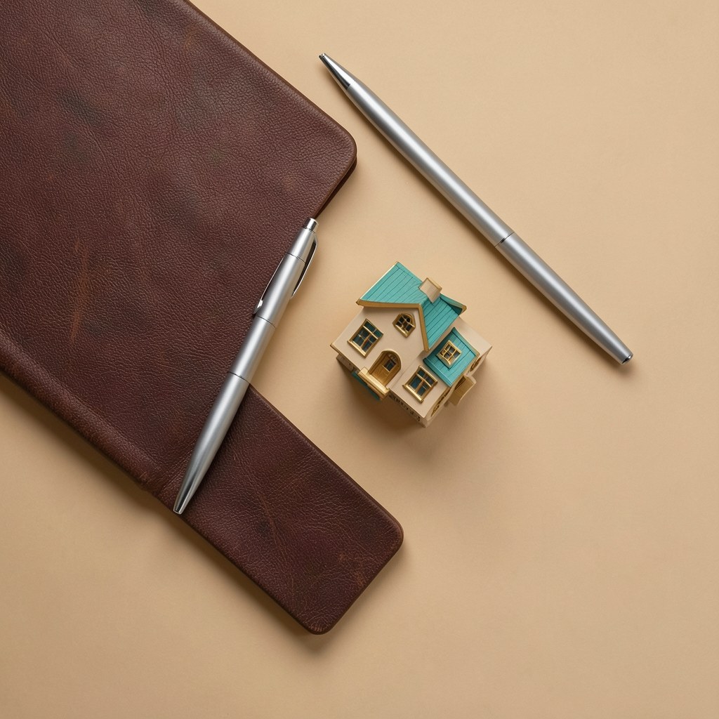A desk with a notebook, a pen, and a small house model