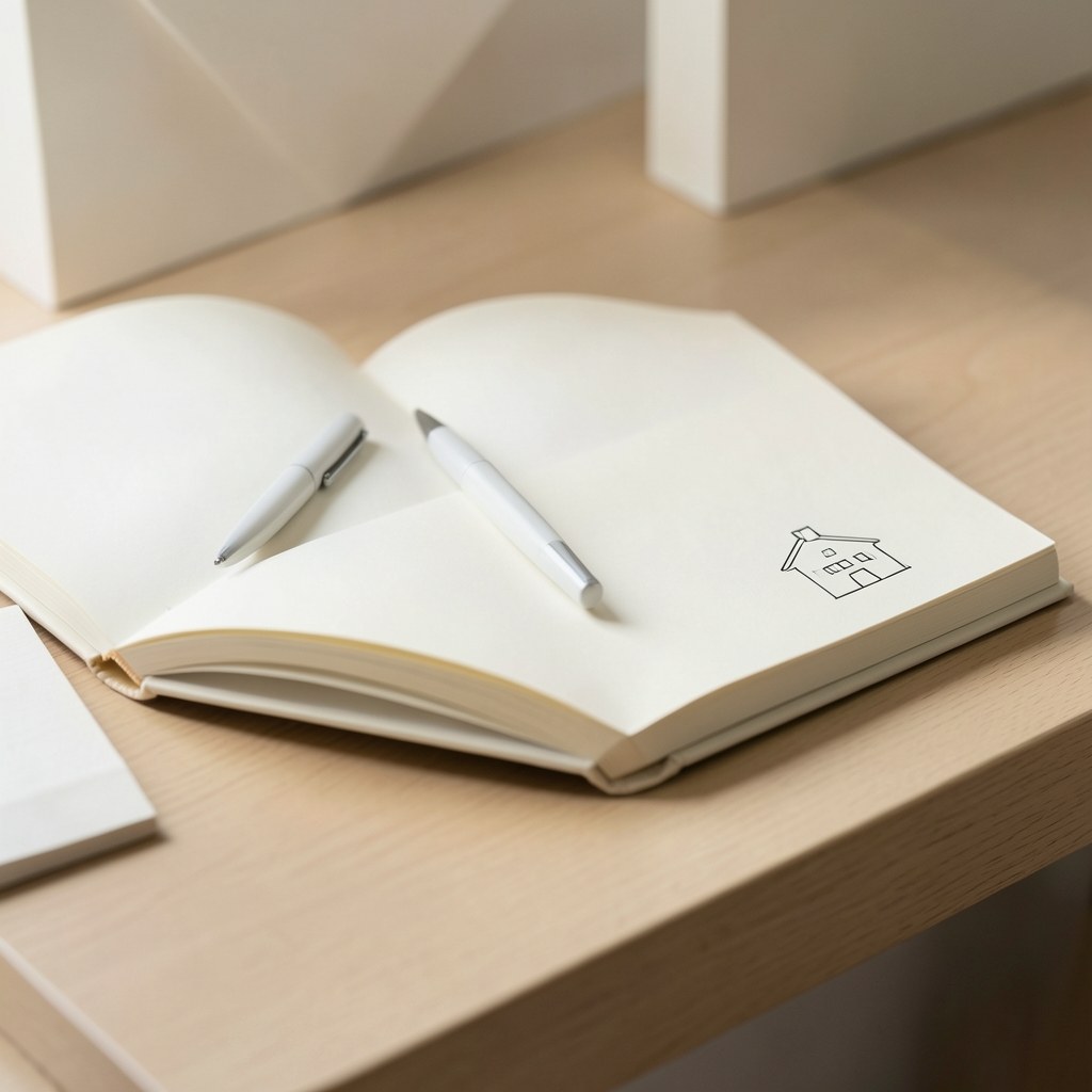 An open book with a pen and a small house icon on the page