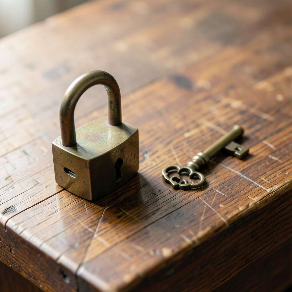 A lock icon on a wooden desk with a key