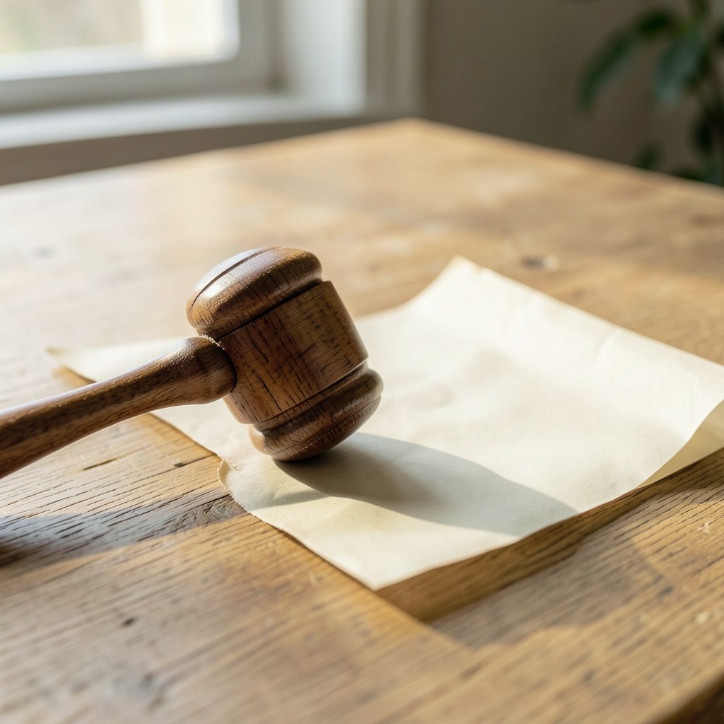 A gavel and a document on a table, but document is blank