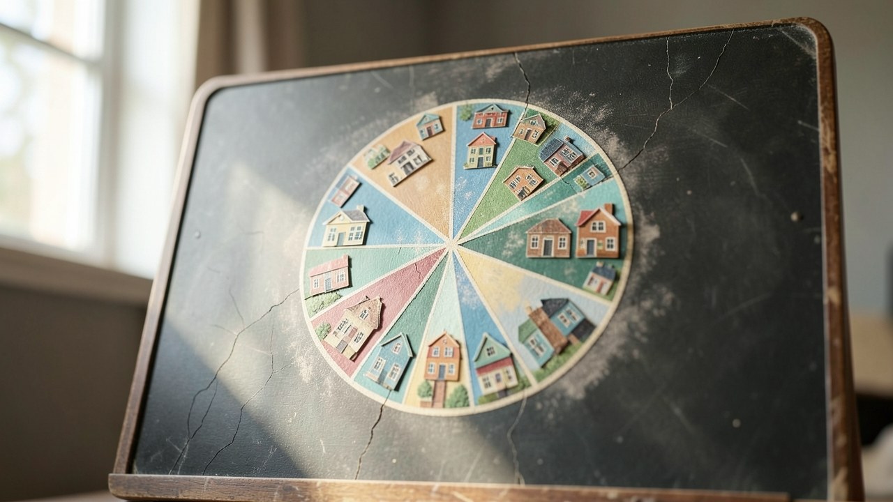 A pie chart drawn on a chalkboard, but with house icons instead of numbers